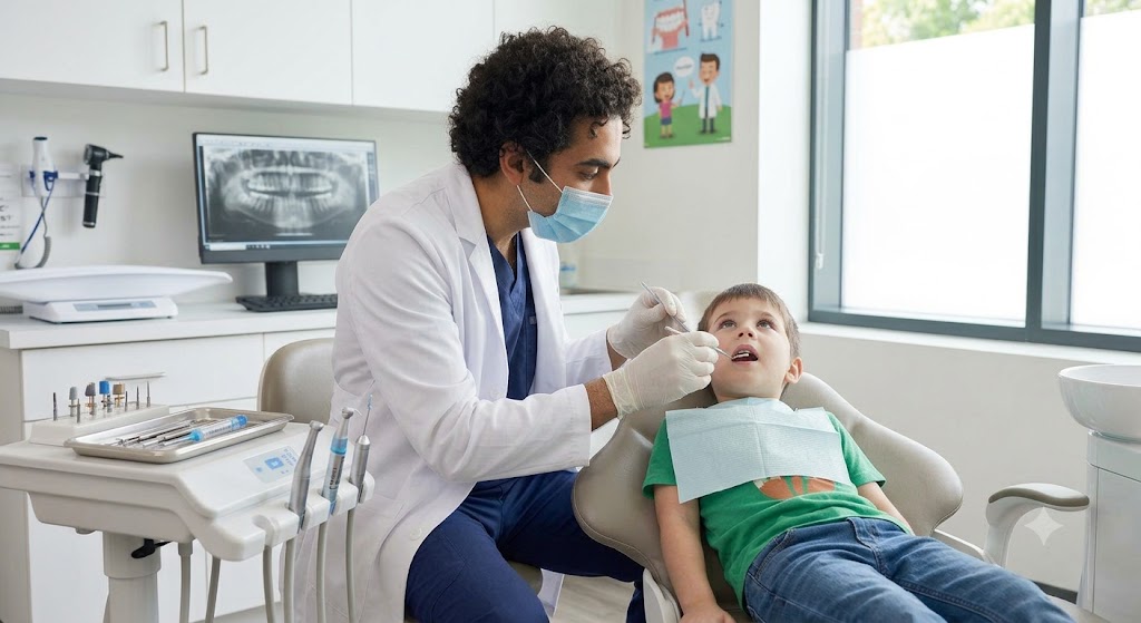 Dentista atendiendo a un niño en consulta