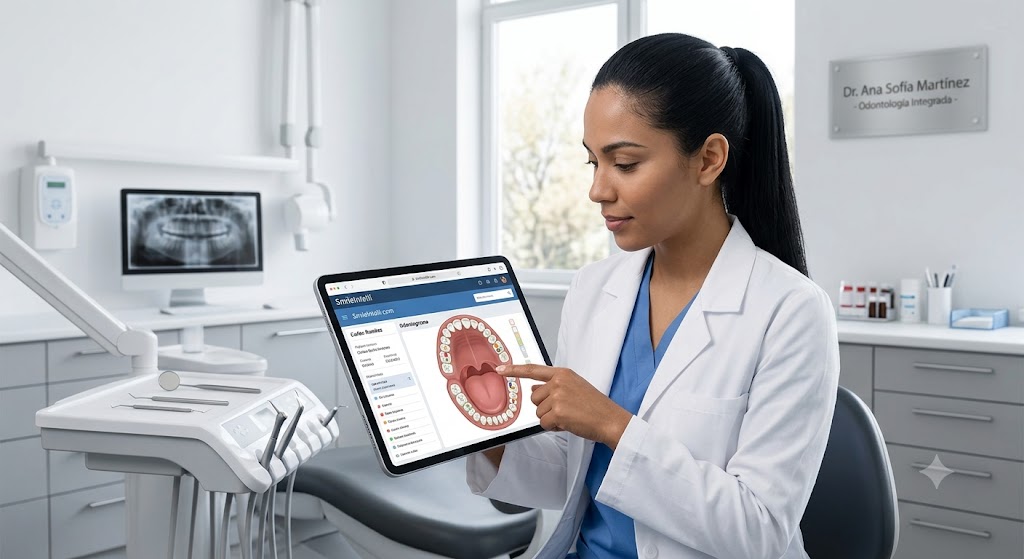 Profesional de la salud usando SmileIntelli en una tablet